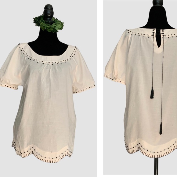 J Crew Bevin Ivory Cotton Beaded Embroidered Peasant Blouse Puff Sleeves SZ 8 - Picture 1 of 13